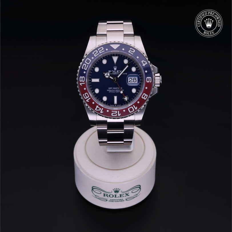 Rolex Certified Pre-owned GMT M126719BLRO-0003 front on black background