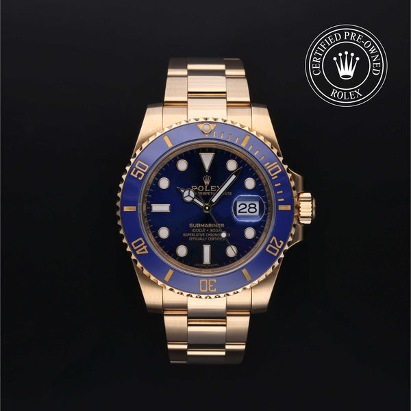 Rolex Certified Pre-owned Submariner M116618LB-0003 front on black background