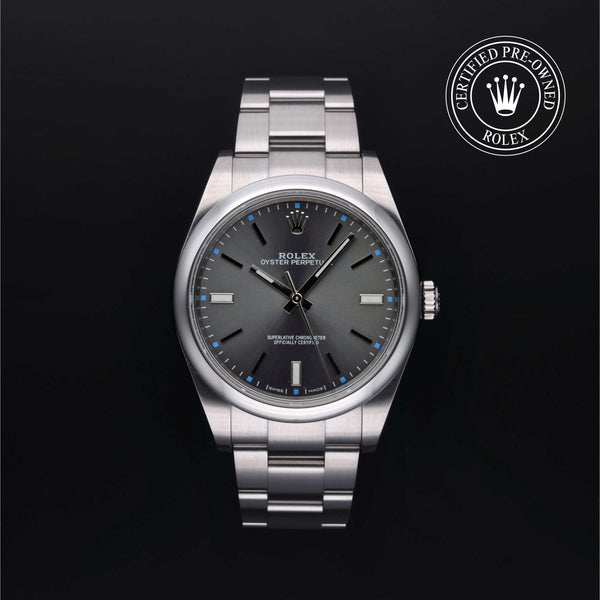 Rolex Certified Pre-owned Oyster Perpetual M114300-0001 front on black background