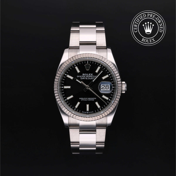 Rolex Certified Pre-owned Datejust M126234-0016 front on black background