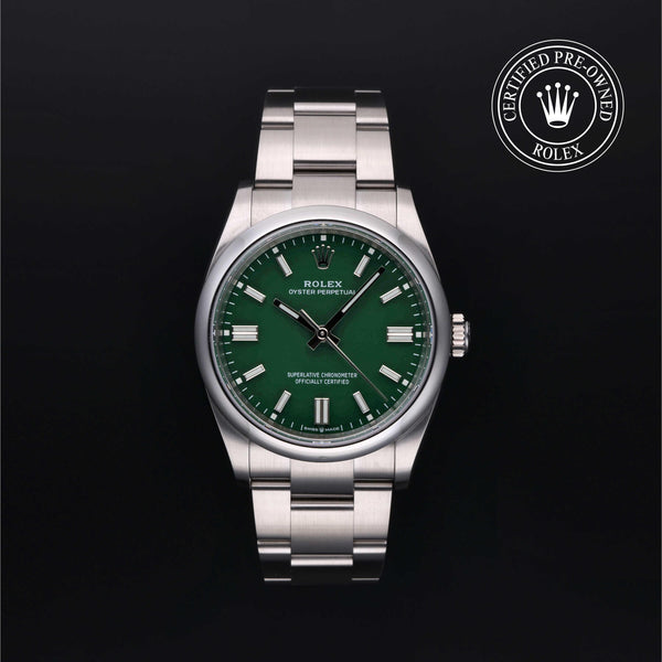Rolex Certified Pre-owned Oyster Perpetual M126000-0005 front on black background
