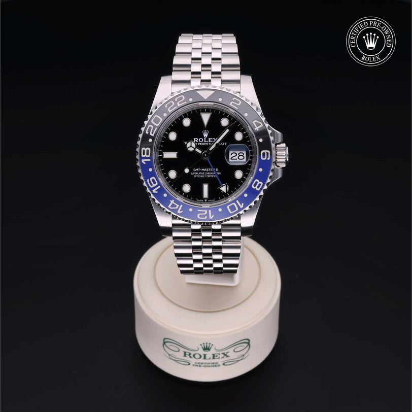 Rolex Certified Pre-owned GMT M126710BLNR-0002 front on black background