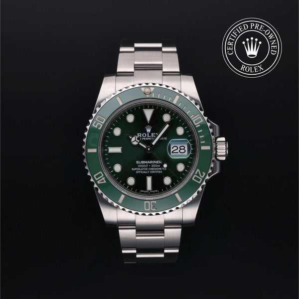Rolex Certified Pre-owned Submariner M116610LV-0002 front on black background