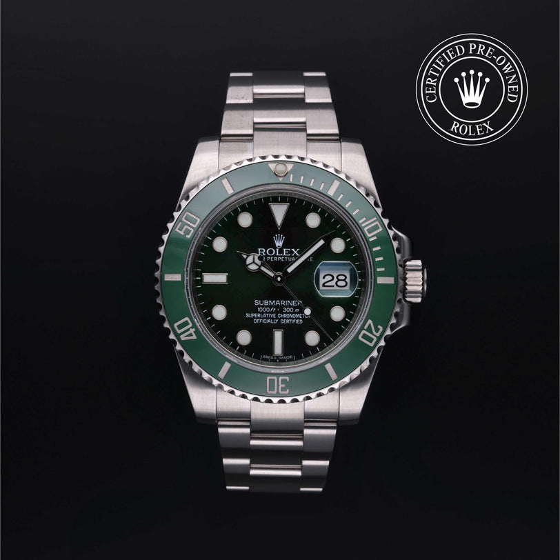 Rolex Certified Pre-owned Submariner M116610LV-0002 front on black background
