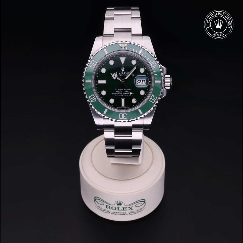 Rolex Certified Pre-owned Submariner M116610LV-0002 front on black background