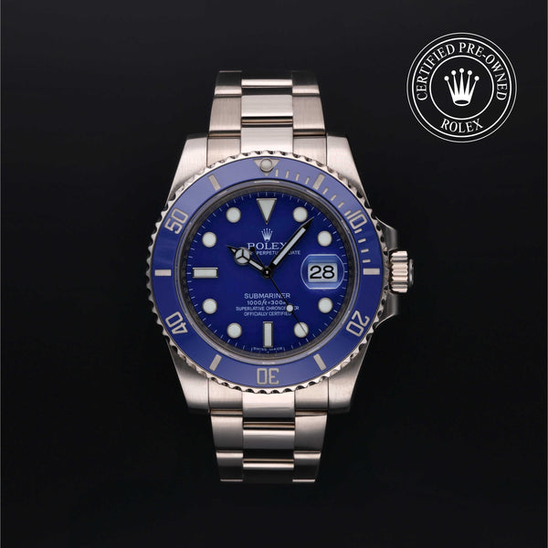 Rolex Certified Pre-owned Submariner M116619LB-0001 front on black background