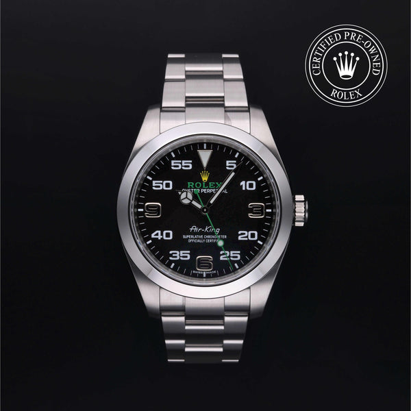 Rolex Certified Pre-owned Air-King M116900-0001 front on black background