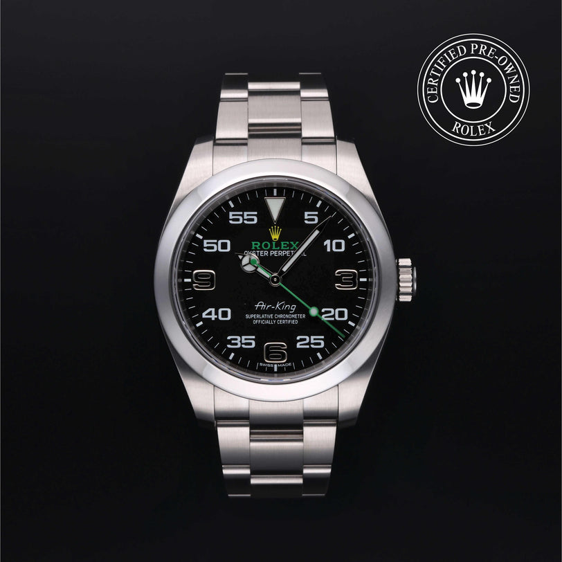 Rolex Certified Pre-owned Air-King M116900-0001 front on black background