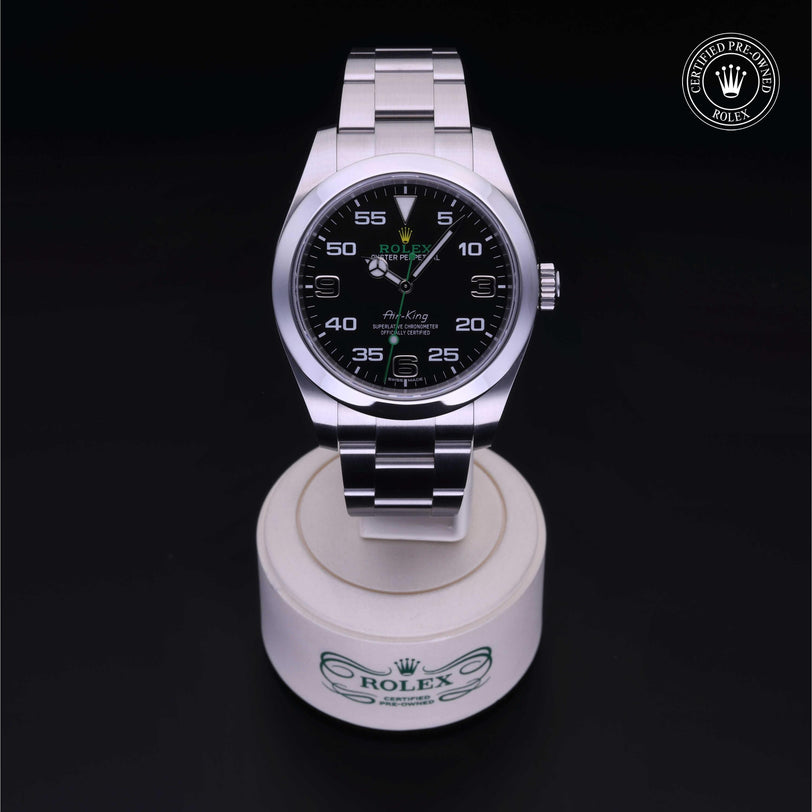 Rolex Certified Pre-owned Air-King M116900-0001 front on black background