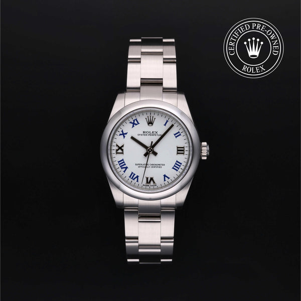 Rolex Certified Pre-owned Oyster Perpetual M177200-0016 front on black background