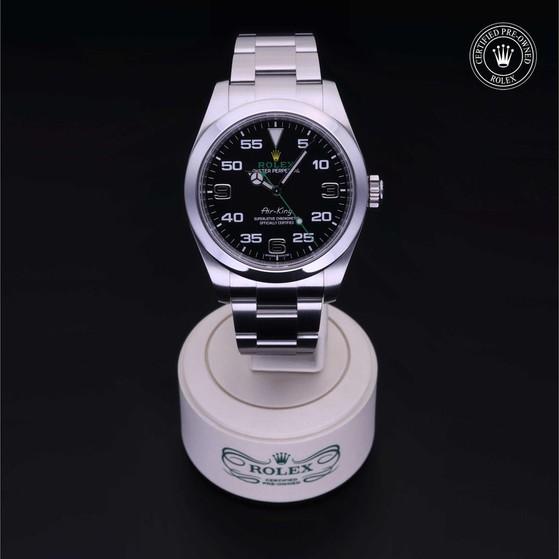 Rolex Certified Pre-owned Air-King M116900-0001 front on black background