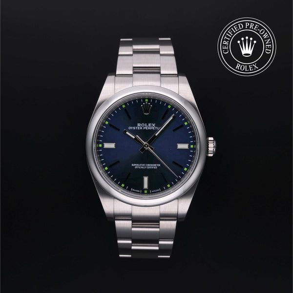 Rolex Certified Pre-owned Oyster Perpetual M114300-0003 front on black background