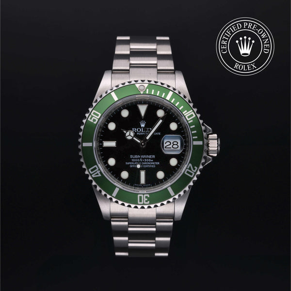 Rolex Certified Pre-owned Submariner M16610LV-0002 front on black background