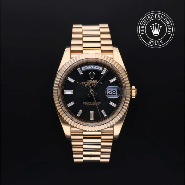 Rolex Certified Pre-owned Day-date M228238-0004 front on black background
