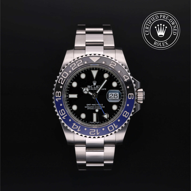 Rolex Certified Pre-owned GMT M116710BLNR-0002 front on black background