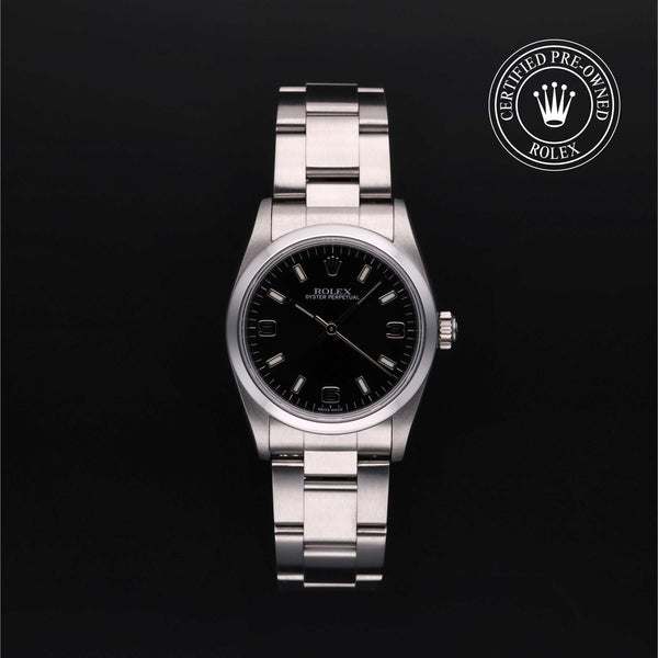 Rolex Certified Pre-owned Oyster Perpetual M77080-0025 front on black background