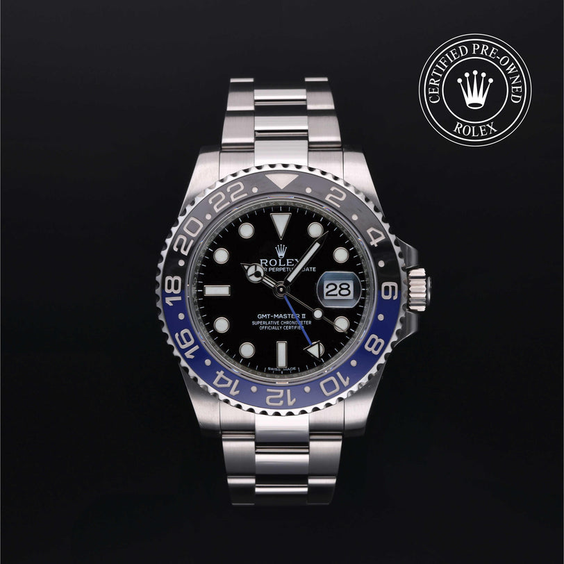 Rolex Certified Pre-owned GMT M116710BLNR-0002 front on black background