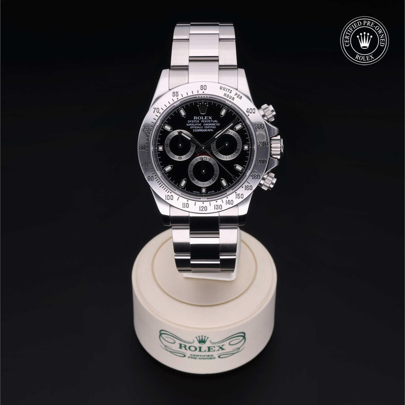 Rolex Certified Pre-owned Daytona M116520-0015 front on black background
