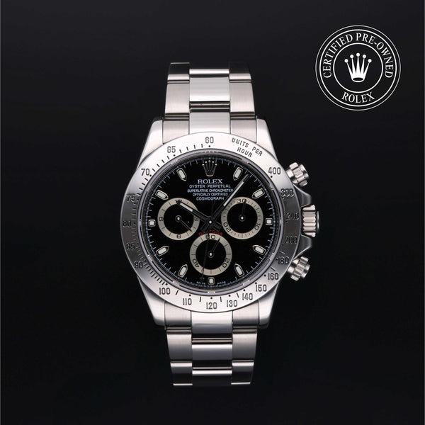 Rolex Certified Pre-owned Daytona M116520-0015 front on black background