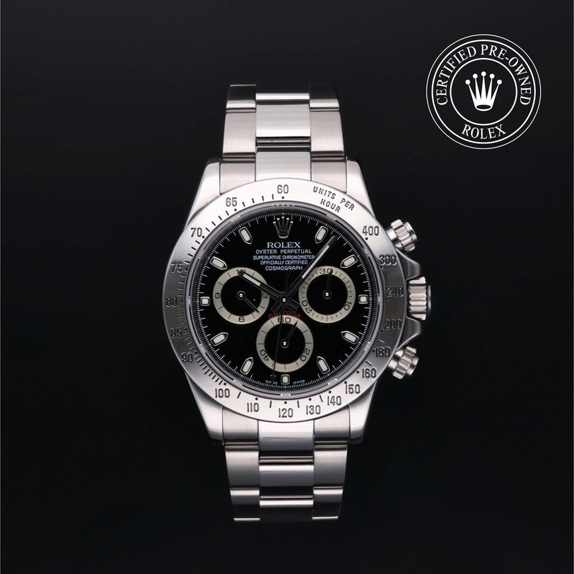 Rolex Certified Pre-owned Daytona M116520-0015 front on black background