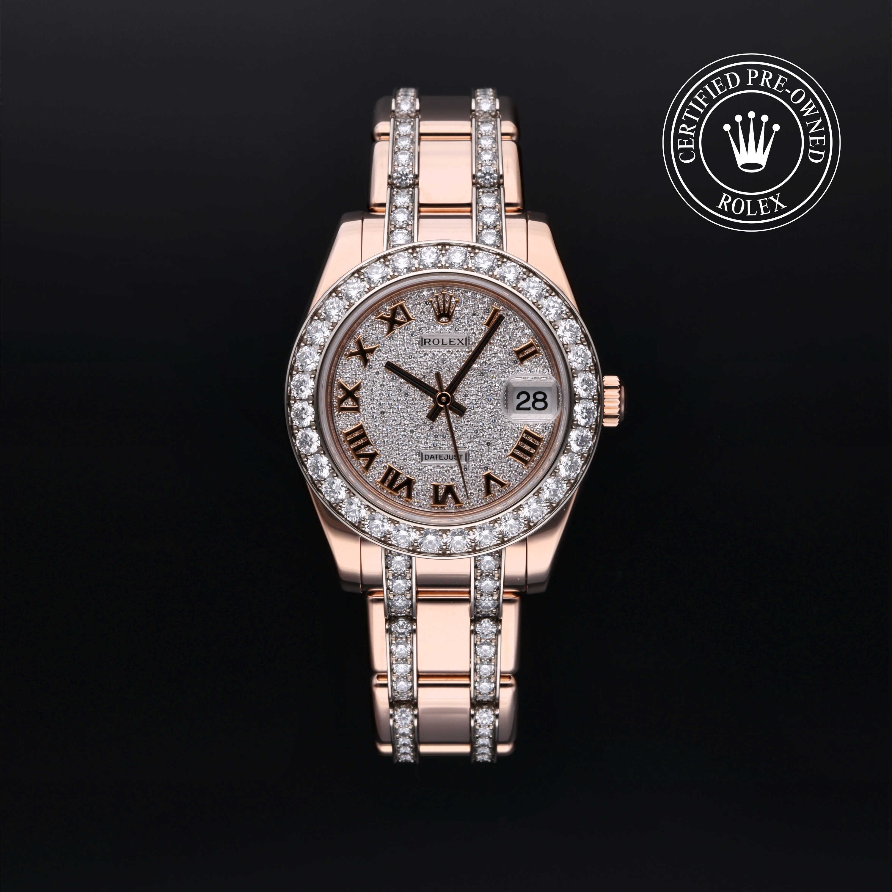 Rolex Certified Pre-owned Pearlmaster M81285-0013 front on black background
