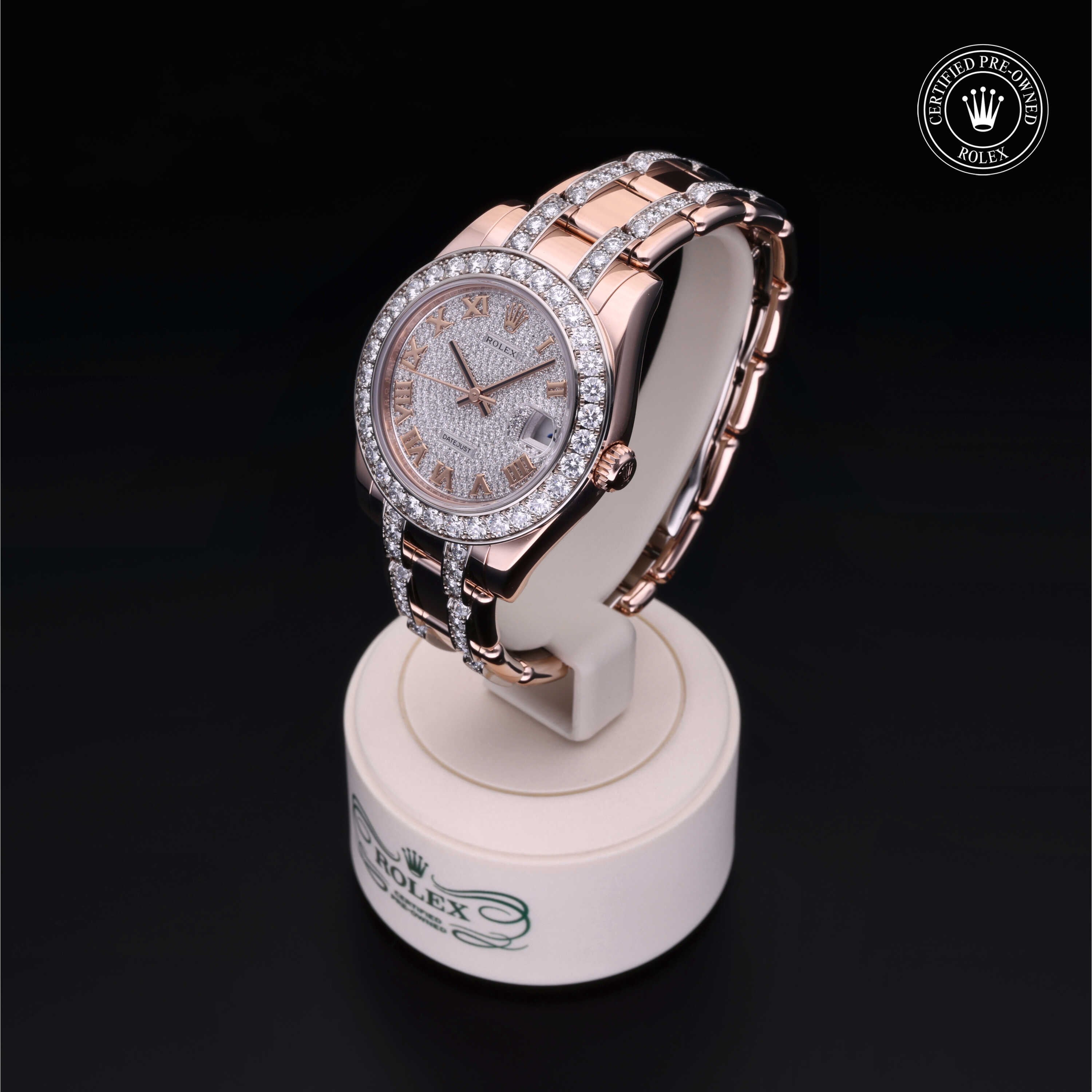 Rolex Certified Pre-owned Pearlmaster M81285-0013 front on black background