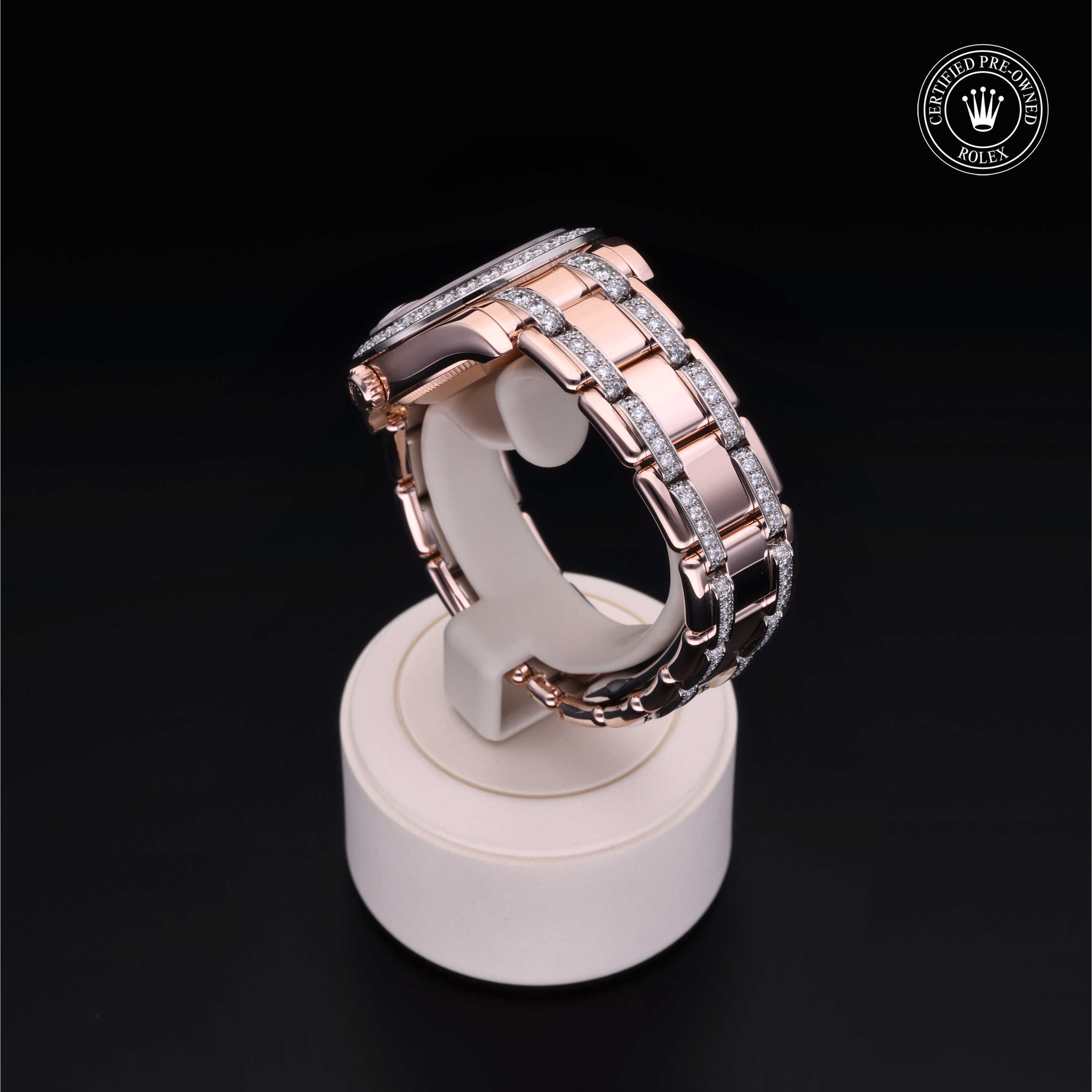 Rolex Certified Pre-owned Pearlmaster M81285-0013 front on black background
