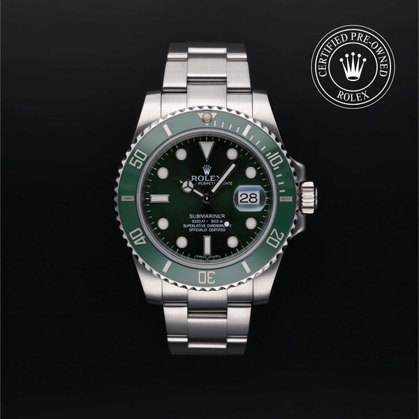 Rolex Certified Pre-owned Submariner Date M116610LV-0002 front on black background