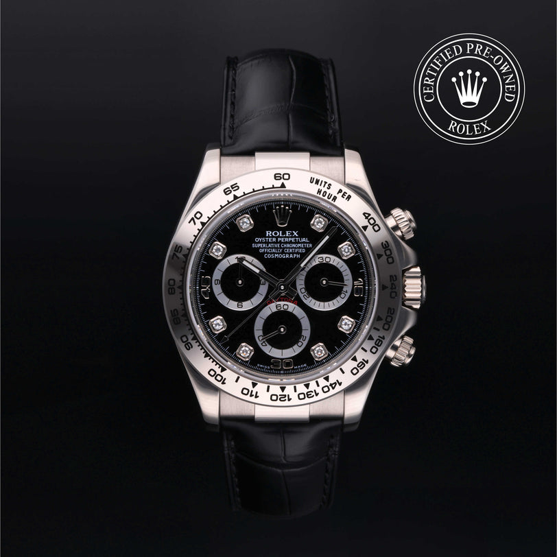Rolex Certified Pre-owned Daytona M116519-0043 front on black background