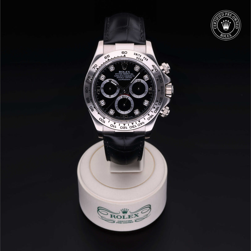 Rolex Certified Pre-owned Daytona M116519-0043 front on black background