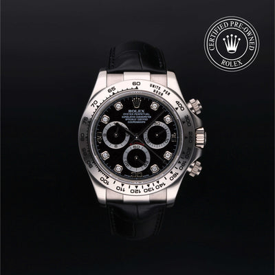 Rolex Certified Pre-owned Daytona M116519-0042 front on black background