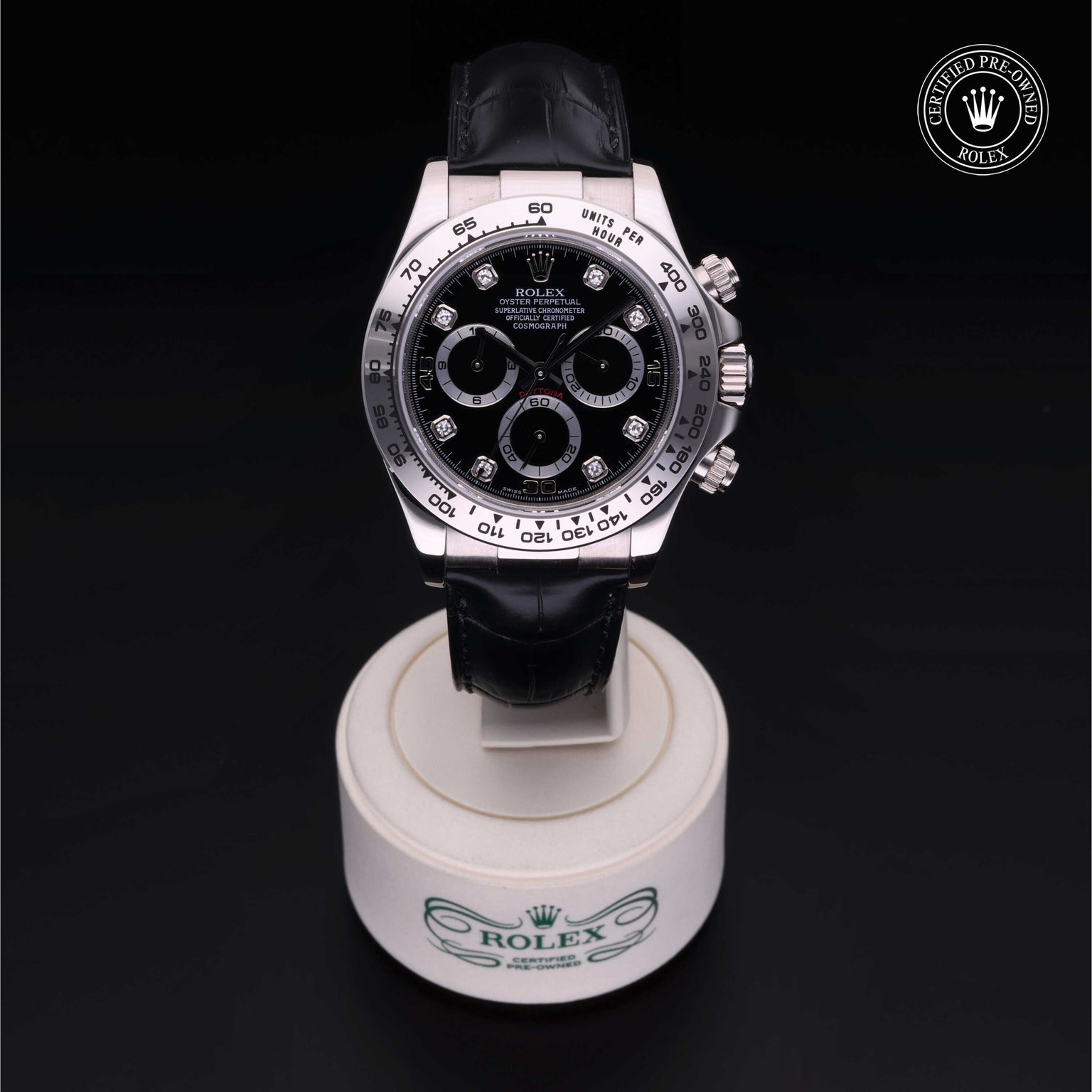 Rolex Certified Pre-owned Daytona M116519-0042 front on black background
