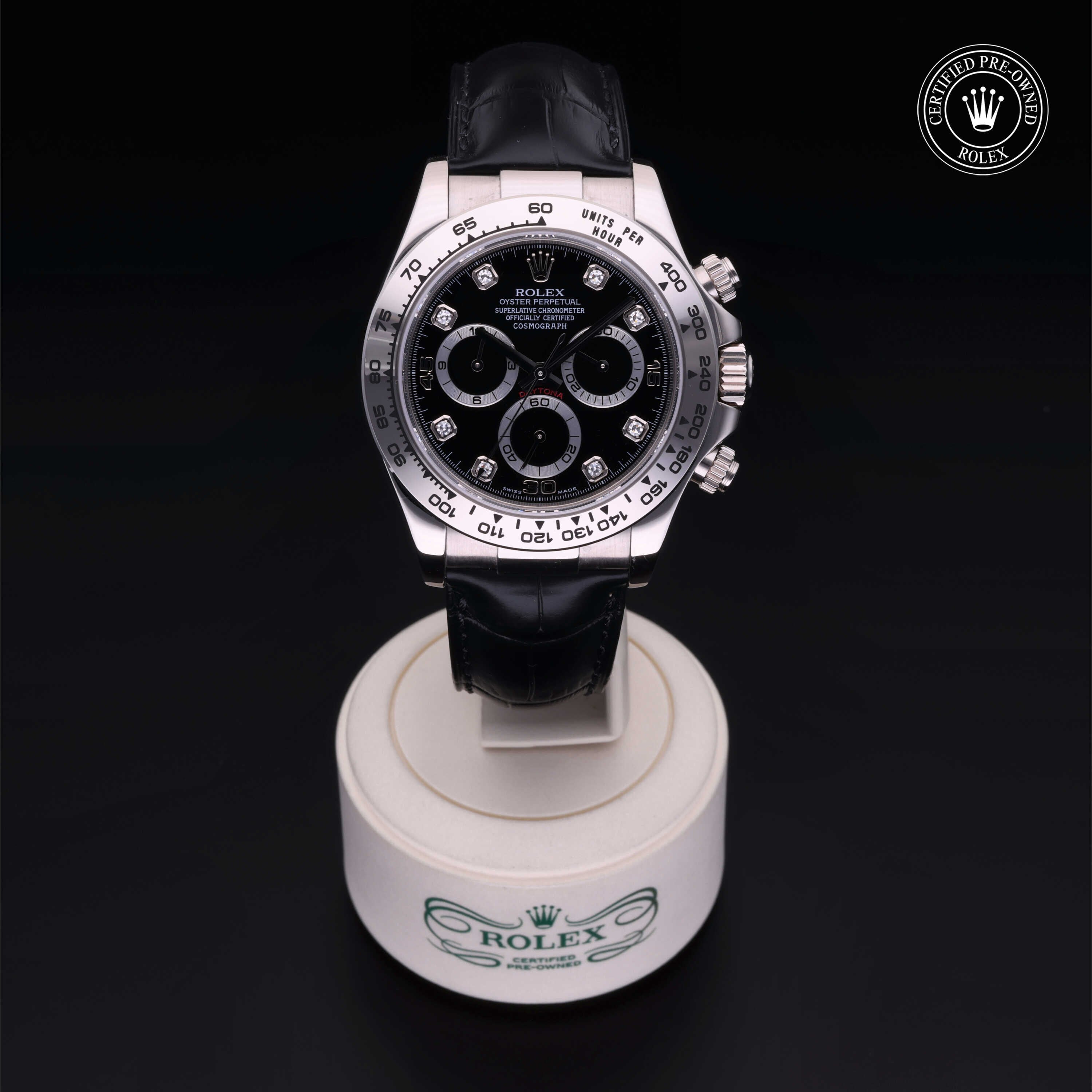 Rolex Certified Pre-owned Daytona M116519-0042 front on black background
