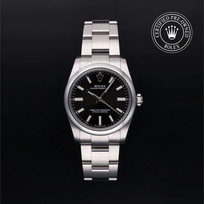 Rolex Certified Pre-owned Oyster Perpetual M124200-0002 front on black background