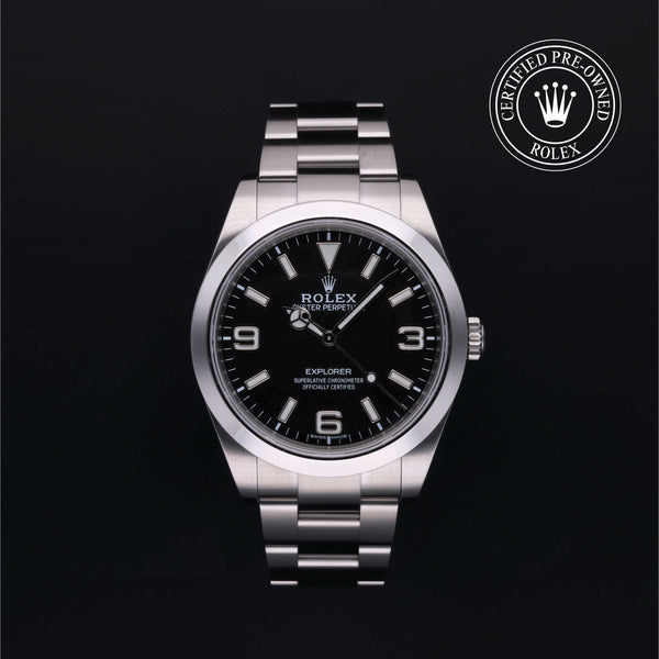 Rolex Certified Pre-owned Explorer M214270-0003 front on black background