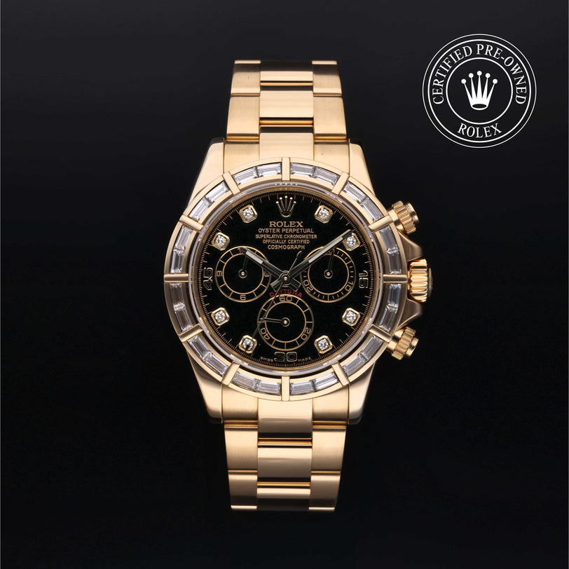 Rolex Certified Pre-owned Daytona M116568BR-0006 front on black background