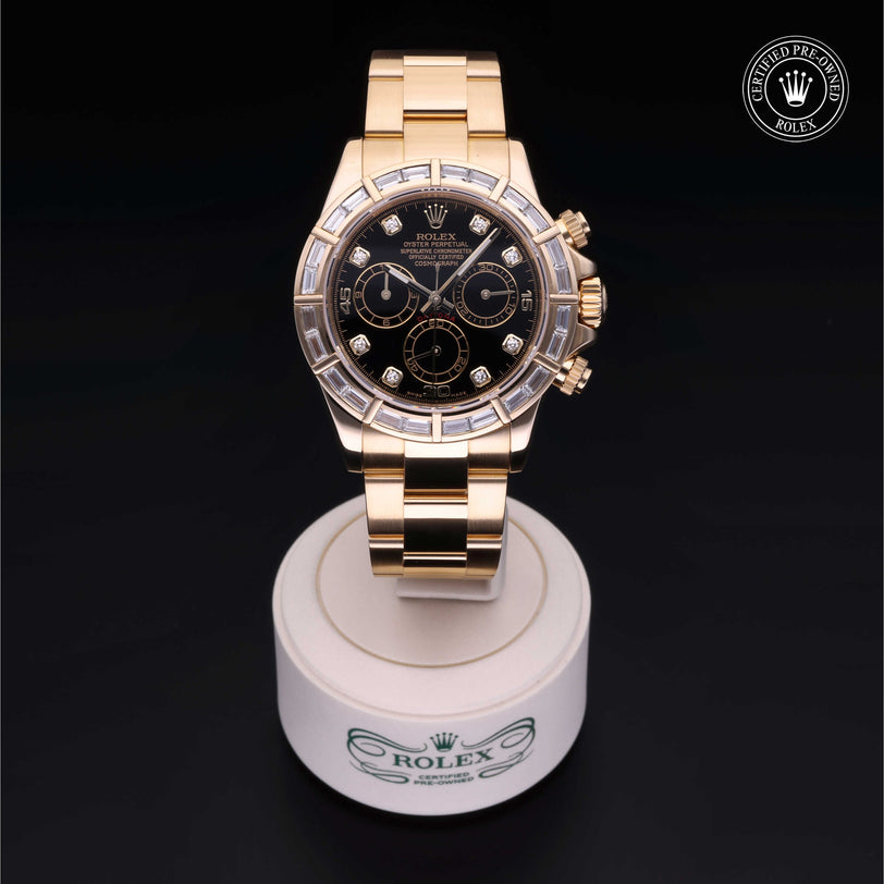 Rolex Certified Pre-owned Daytona M116568BR-0006 front on black background