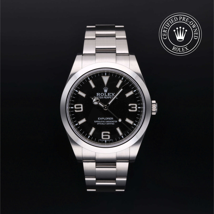 Rolex Certified Pre-owned Explorer M214270-0003 front on black background