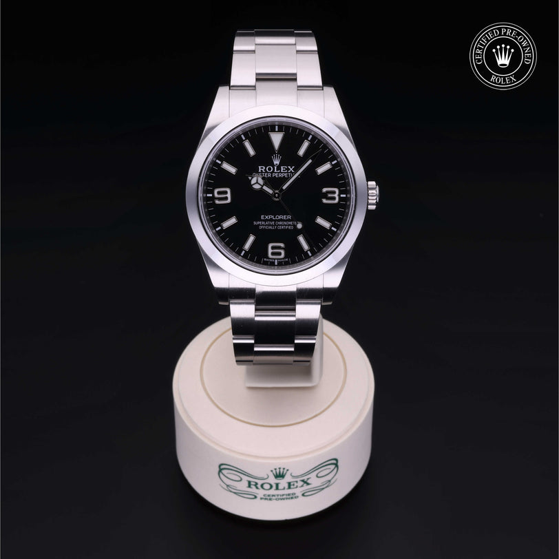 Rolex Certified Pre-owned Explorer M214270-0003 front on black background