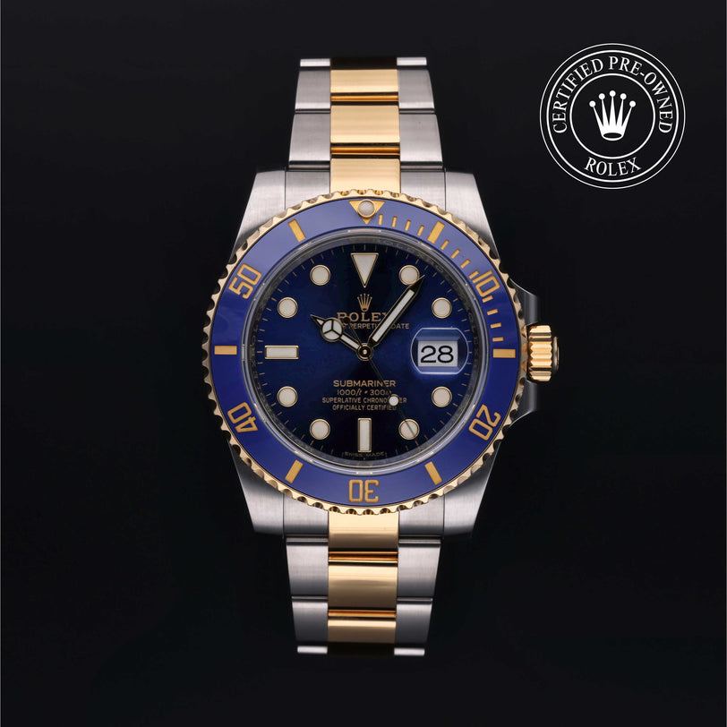 Rolex Certified Pre-owned Submariner Date M116613LB-0005 front on black background