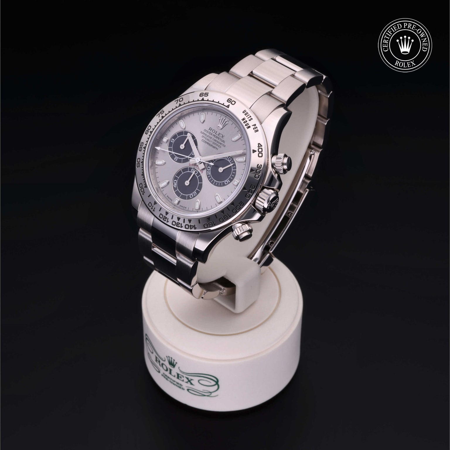 Rolex Certified Pre-owned Daytona M116509-0064 front on black background