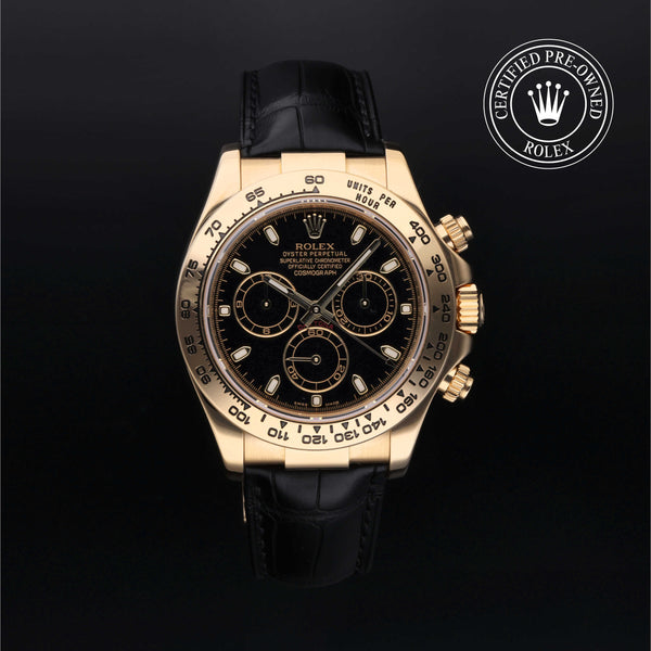 Rolex Certified Pre-owned Daytona M116518-0036 front on black background