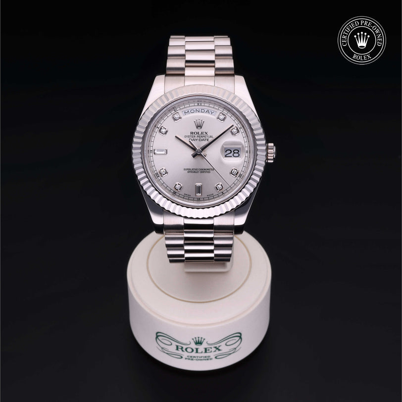 Rolex Certified Pre-owned Daydate Ii M218239-0063 front on black background