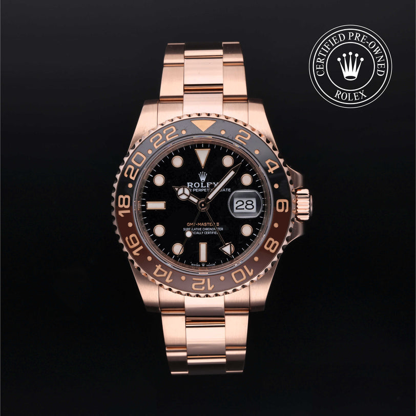 Rolex Certified Pre-owned GMT II M126715CHNR-0001 front on black background
