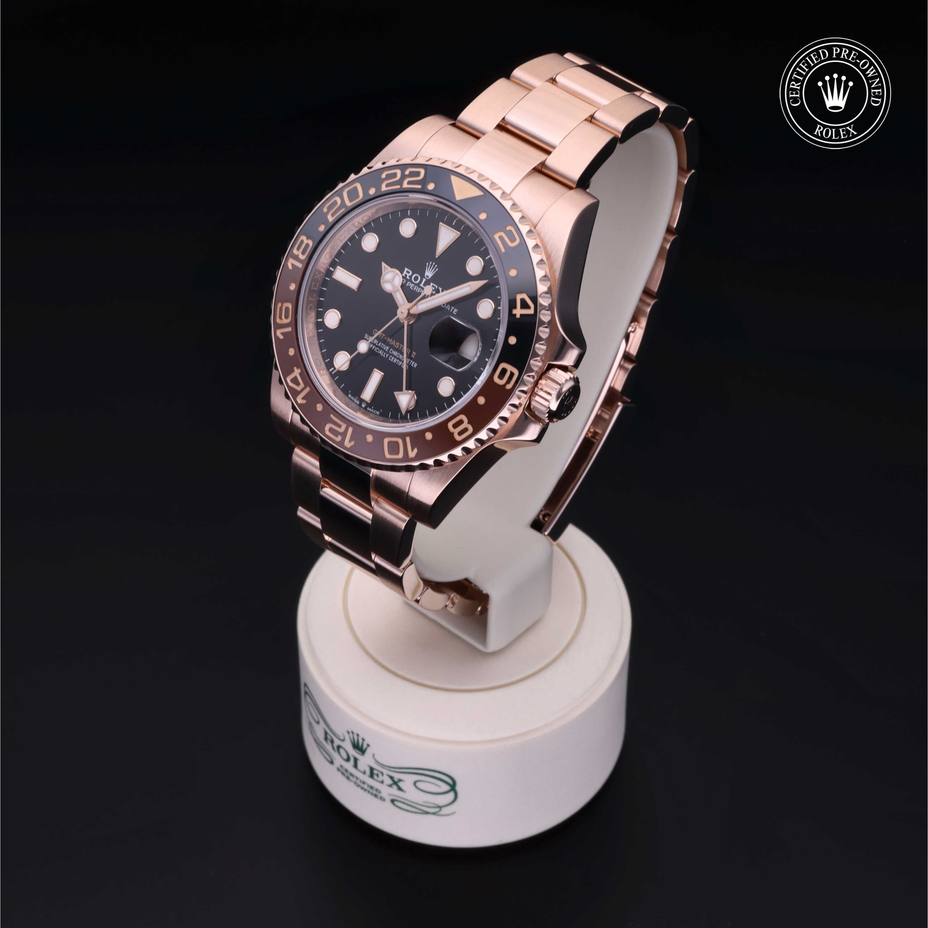 Rolex Certified Pre-owned GMT II M126715CHNR-0001 front on black background