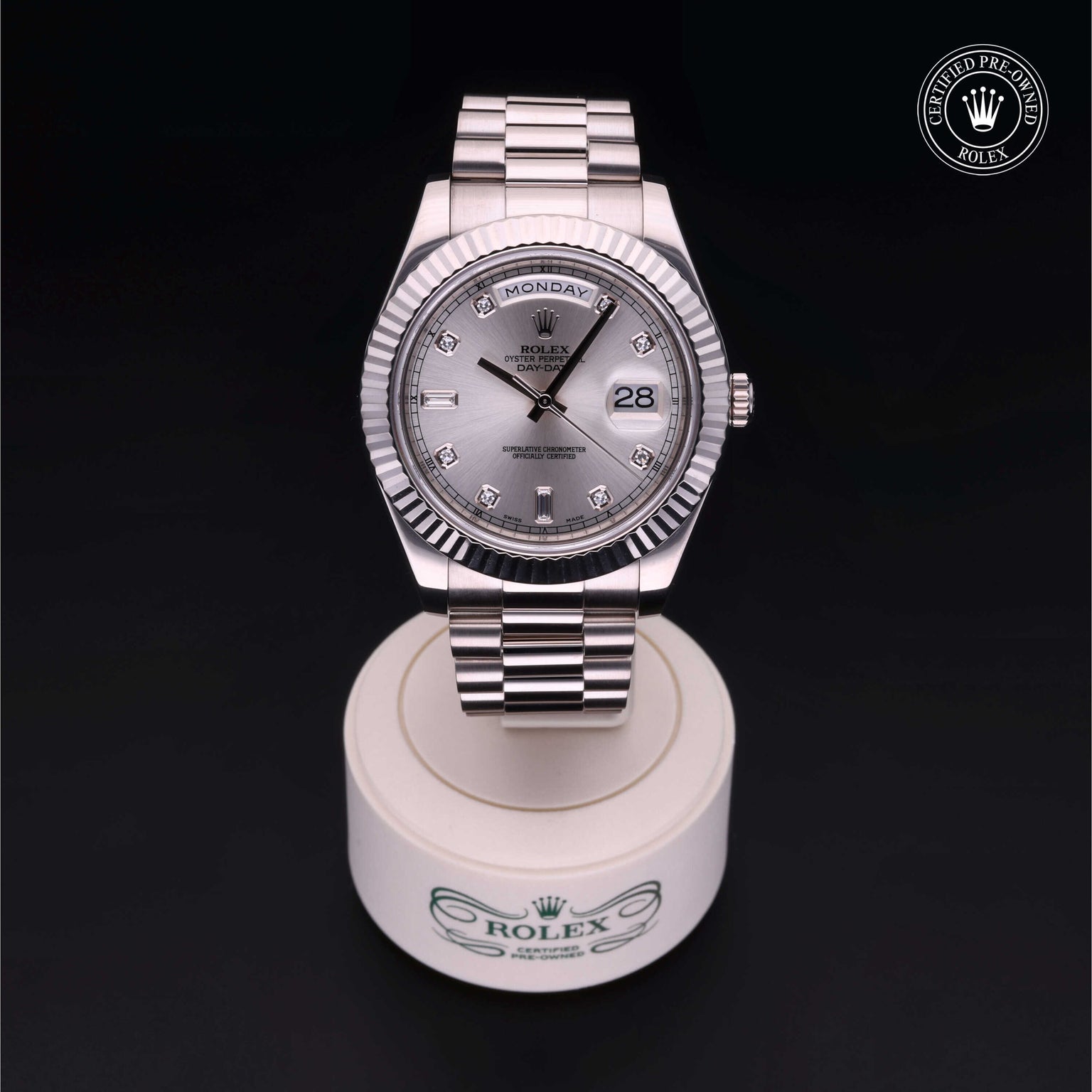 Rolex Certified Pre-owned Daydate Ii M218239-0006 front on black background