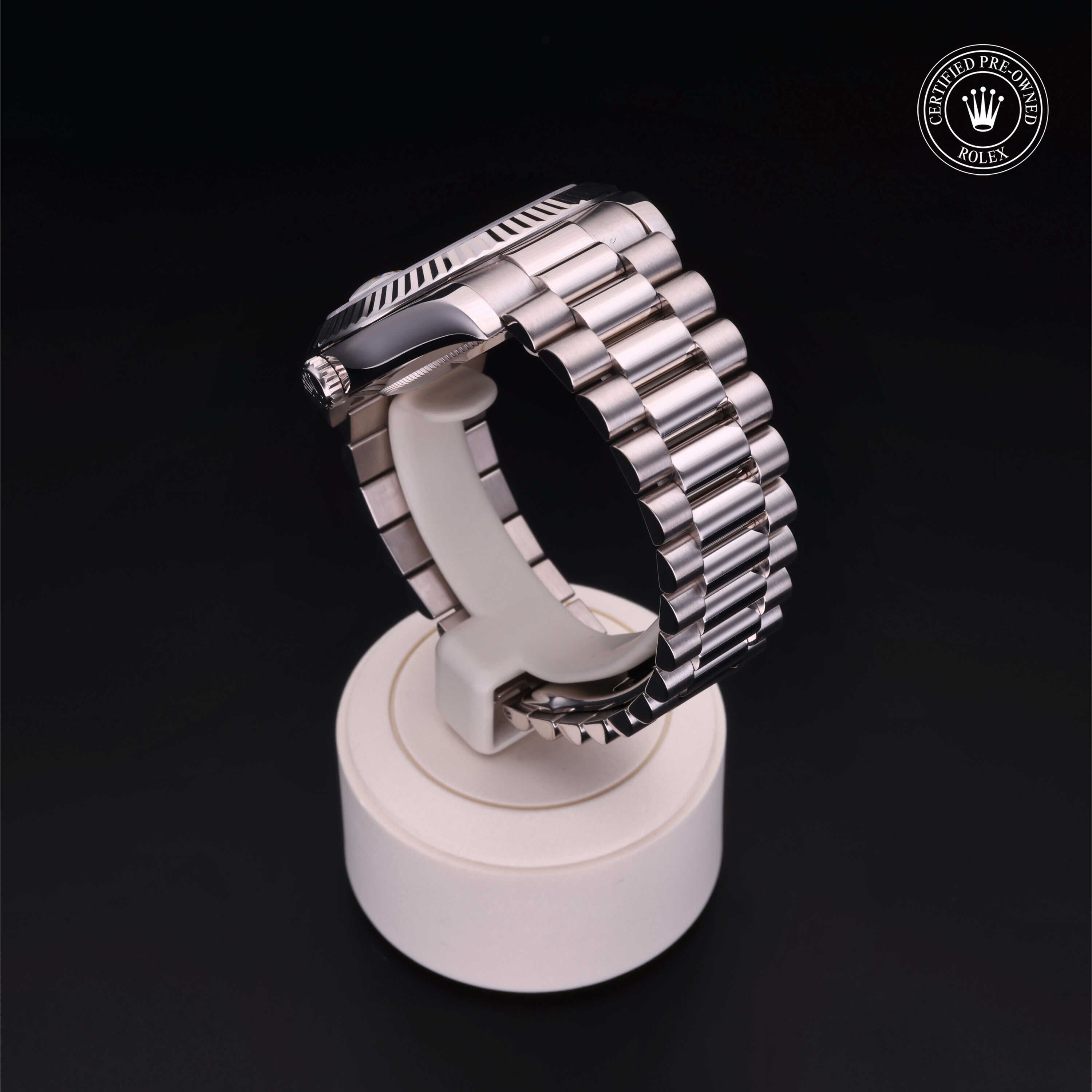 Rolex Certified Pre-owned Daydate Ii M218239-0006 front on black background