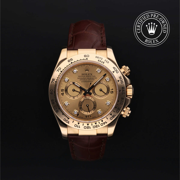 Rolex Certified Pre-owned Daytona M116518-0028 front on black background