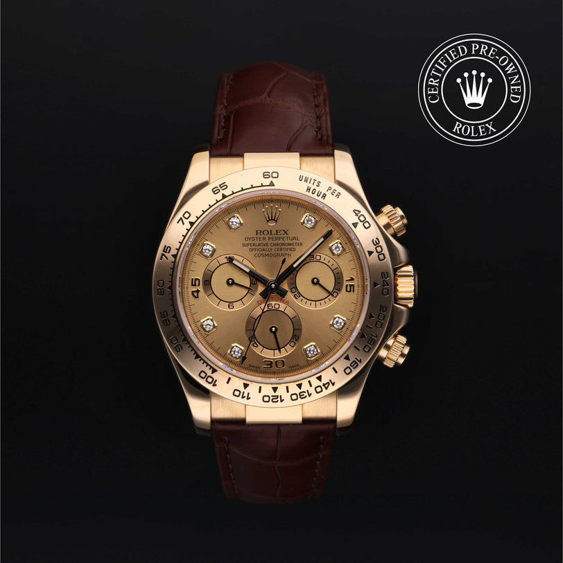 Rolex Certified Pre-owned Daytona M116518-0028 front on black background