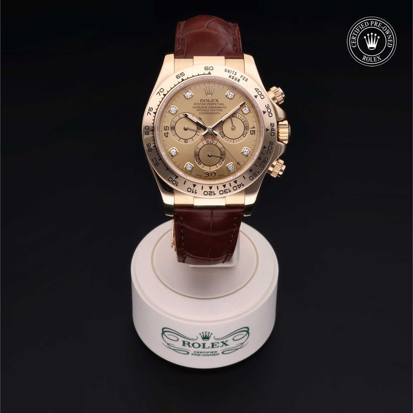 Rolex Certified Pre-owned Daytona M116518-0028 front on black background